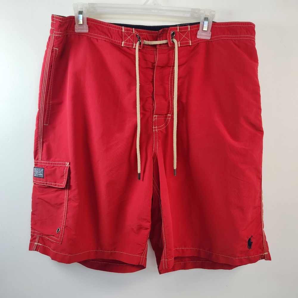 Polo Ralph Lauren Vintage Mens XL Red Cargo Swim Trunks Board Shorts Pony Logo